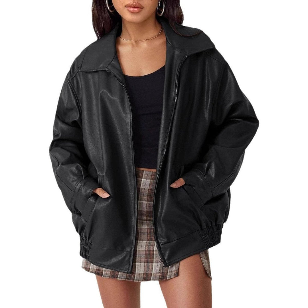 Dahlthea | Women's Casual Stretch Chic and Oversized Leather Jacket Top — Black