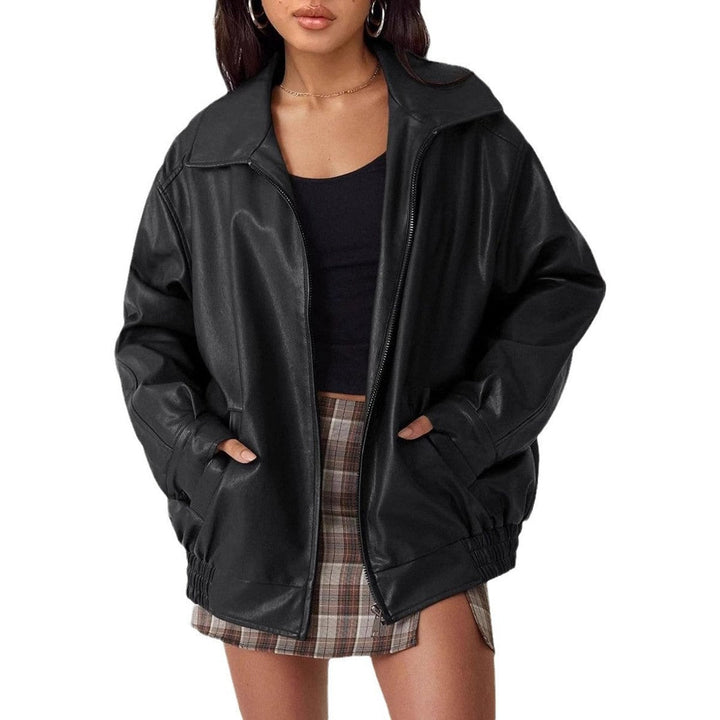 Dahlthea | Women's Casual Stretch Chic and Oversized Leather Jacket Top — Black