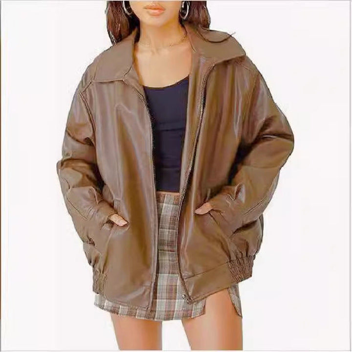 Dahlthea | Women's Casual Stretch Chic and Oversized Leather Jacket Top — Brown