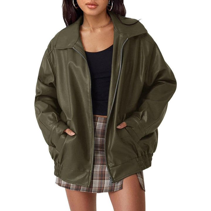Dahlthea | Women's Casual Stretch Chic and Oversized Leather Jacket Top — Olive Green