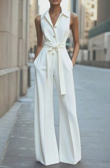  Model in a polished sleeveless jumpsuit with flowing wide legs on a plain background.