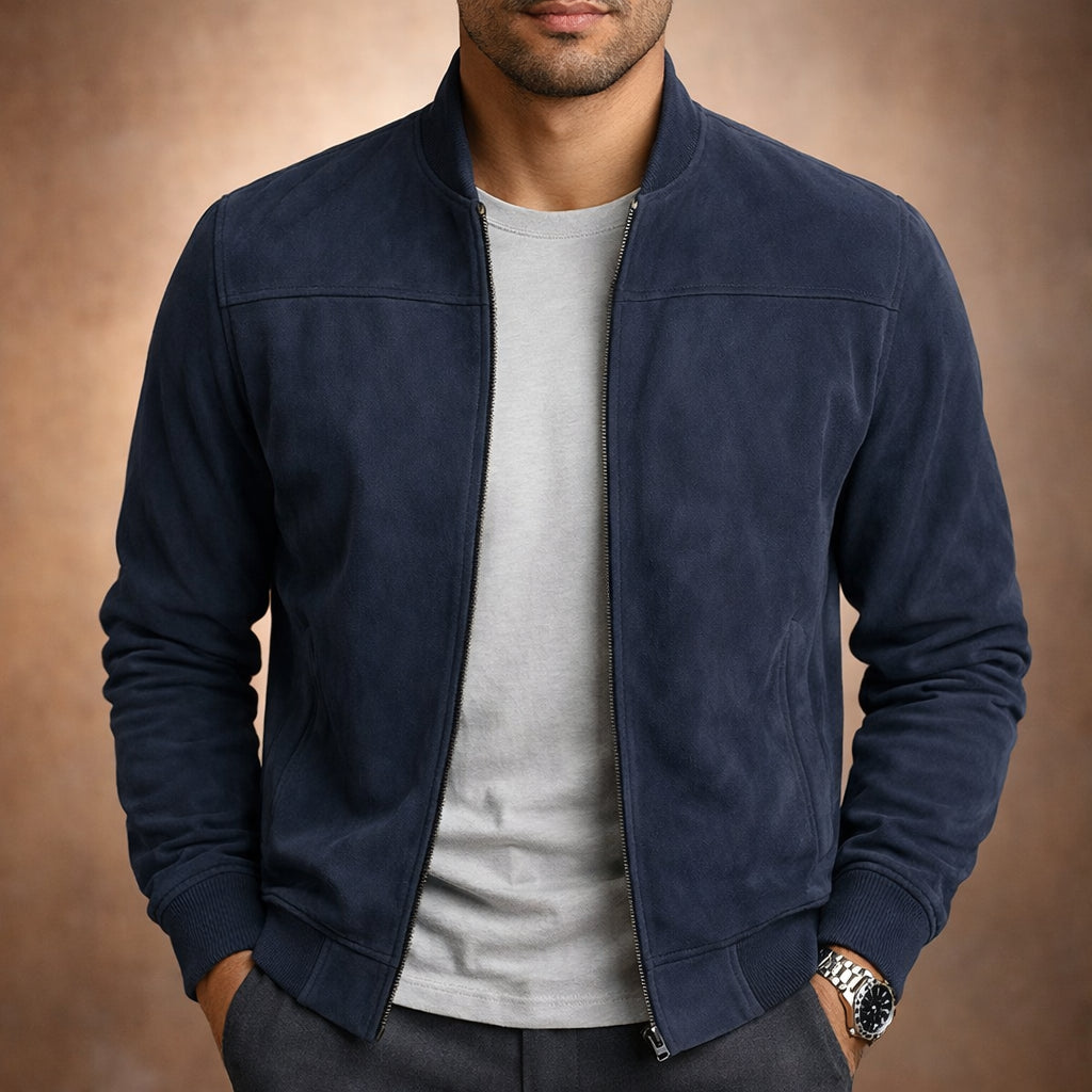 Deliaria | Women's Suede Bomber Jacket — Dark Blue