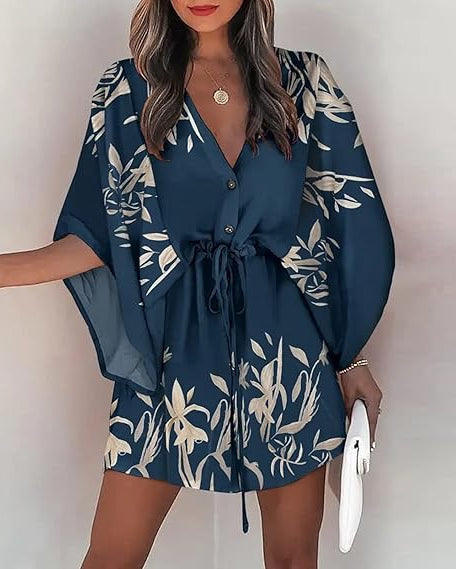 Delilah | Women's Wedding Guest Elegant Floral Print Wrap Mini Dress Dresses — Blue