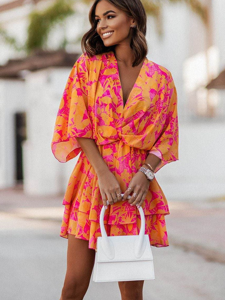 Delilah | Women's Wedding Guest Elegant Floral Print Wrap Mini Dress Dresses — Orange/Pink