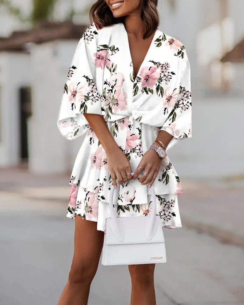 Delilah | Women's Wedding Guest Elegant Floral Print Wrap Mini Dress Dresses — White