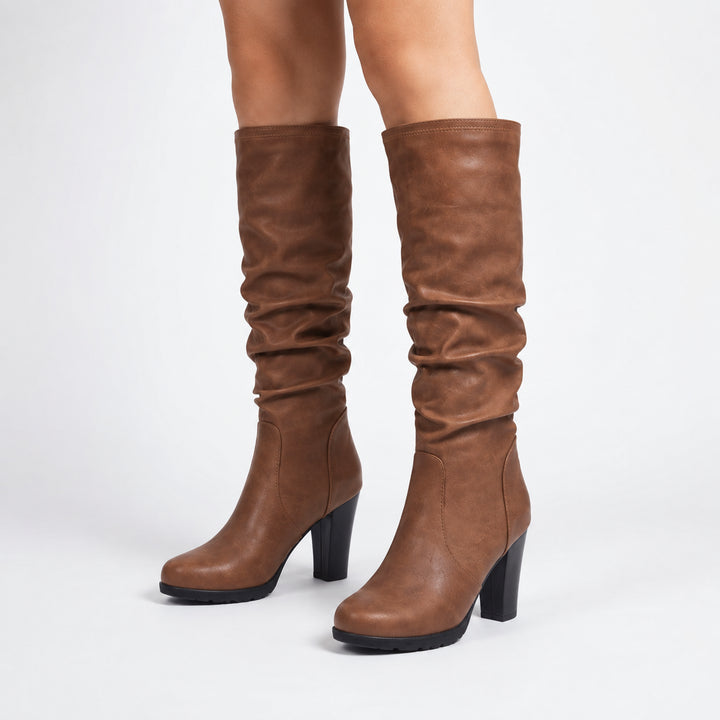 Delloriel | Women's Brown Slouchy Round Toe Block Heel Faux Leather Knee High Boot — Brown
