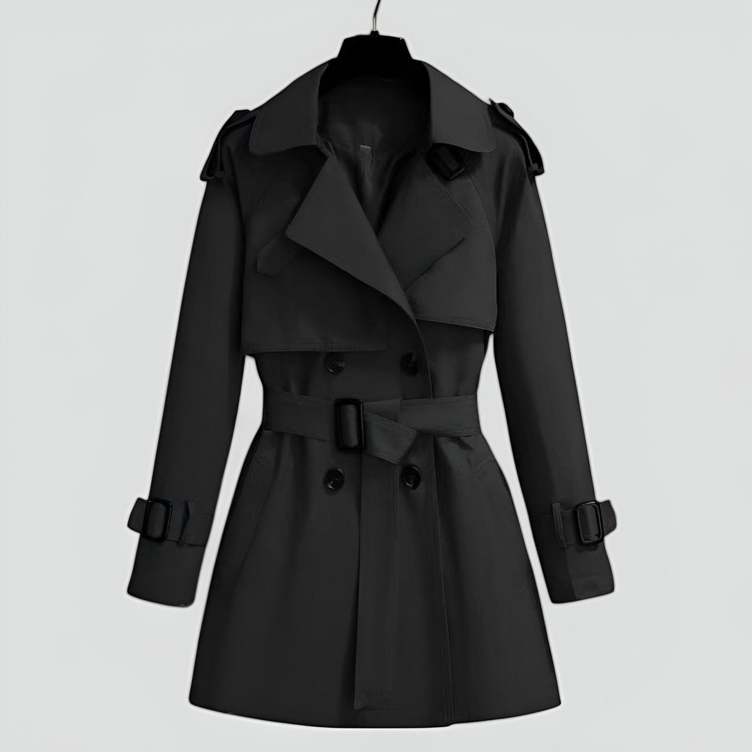 Delthynn | Women's Double-Breasted Trench Coat with Belted Waist — Black