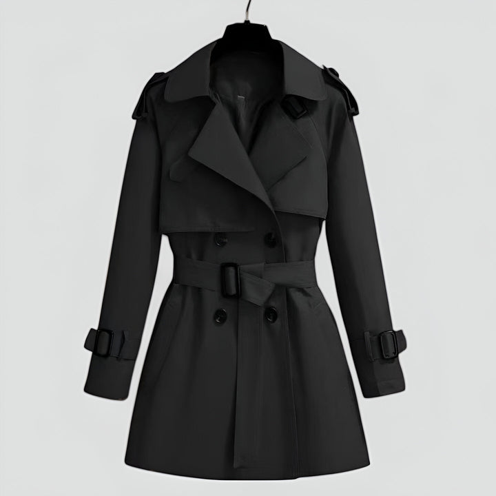 Delthynn | Women's Double-Breasted Trench Coat with Belted Waist — Black