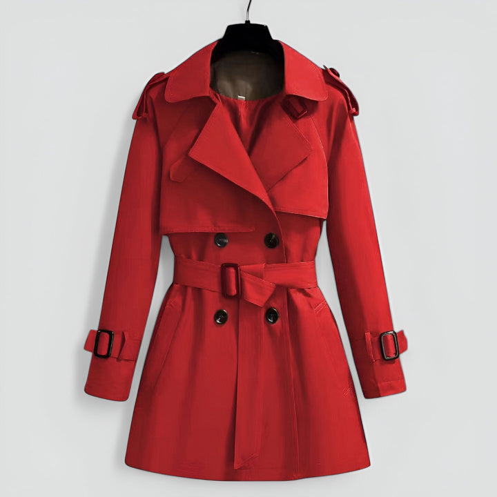 Delthynn | Women's Double-Breasted Trench Coat with Belted Waist — Red