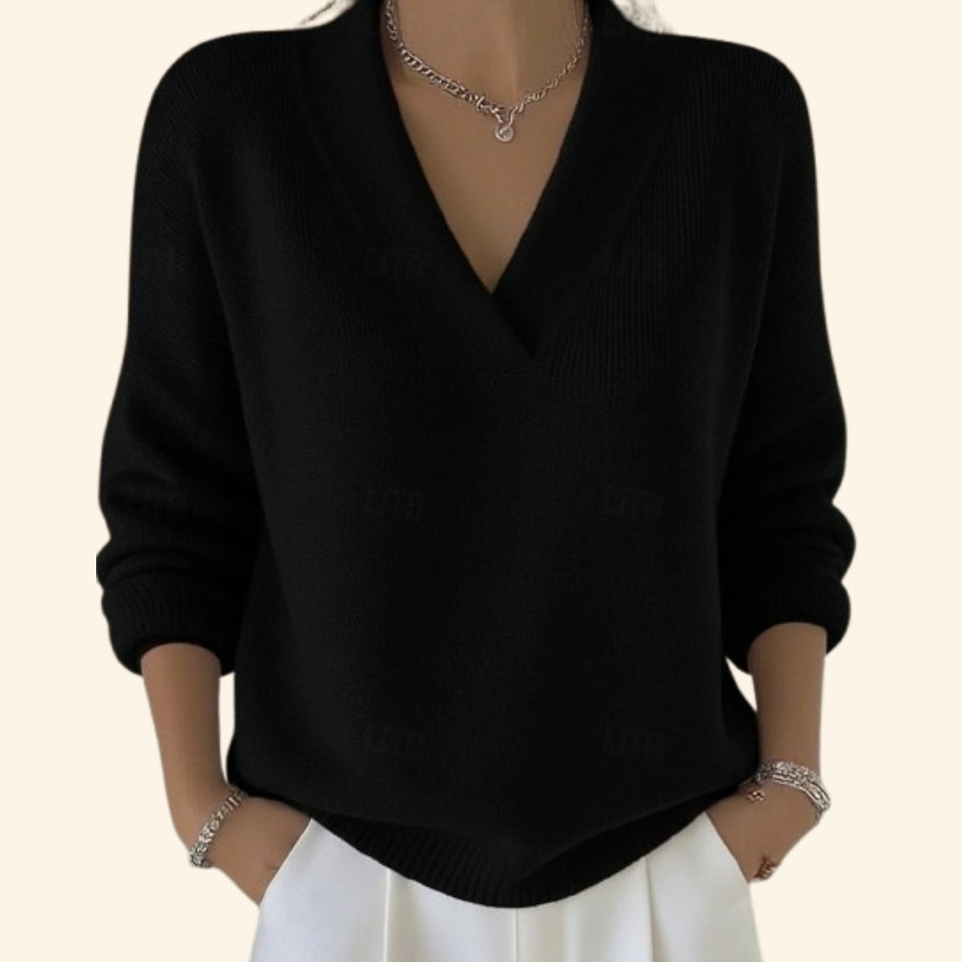 Demetria | Women's Knit Cozy V-Neck Relaxed Fit Sweater — Black