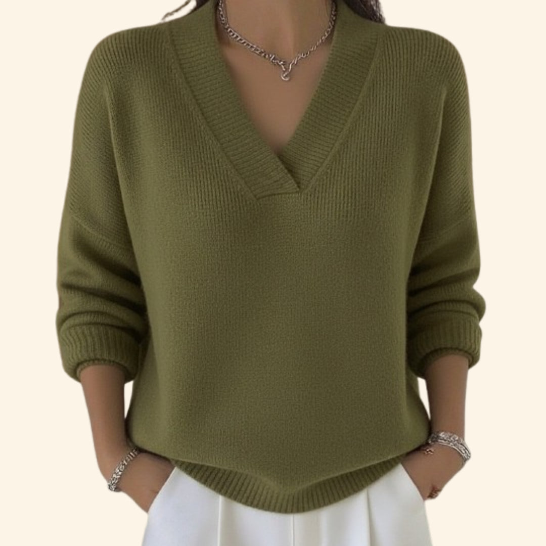 Demetria | Women's Knit Cozy V-Neck Relaxed Fit Sweater — Green