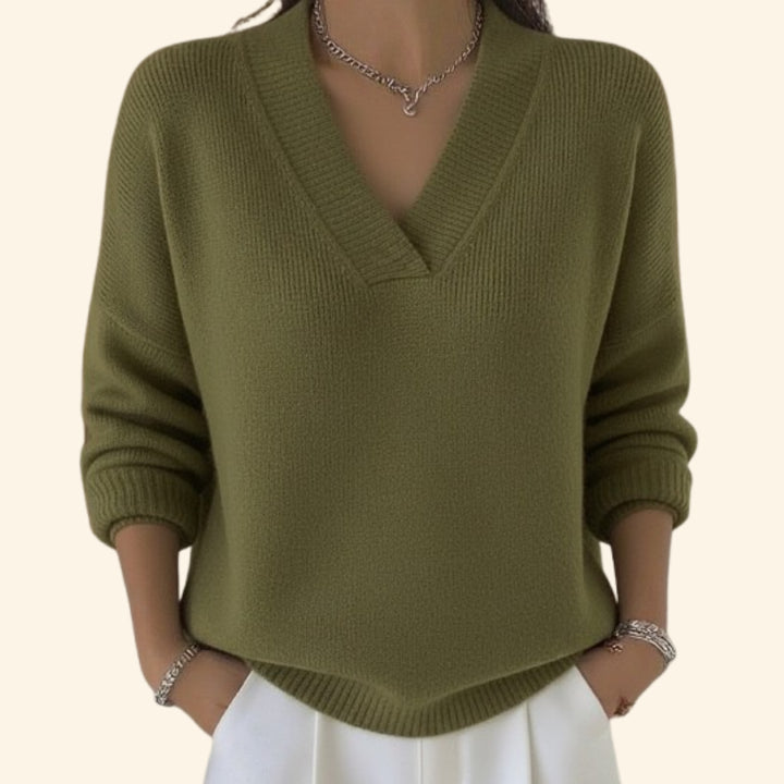 Demetria | Women's Knit Cozy V-Neck Relaxed Fit Sweater — Green