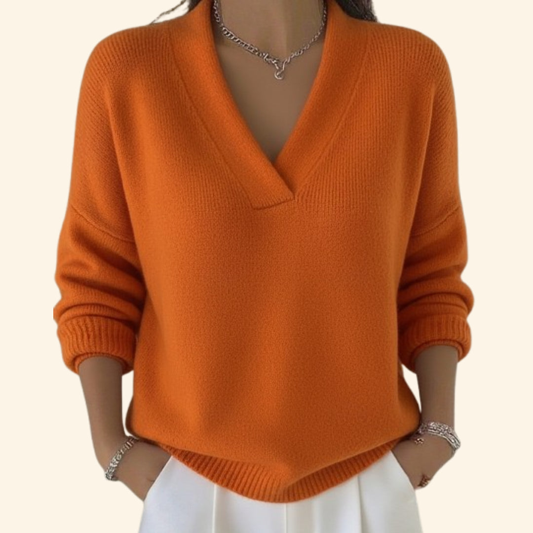Demetria | Women's Knit Cozy V-Neck Relaxed Fit Sweater — Orange