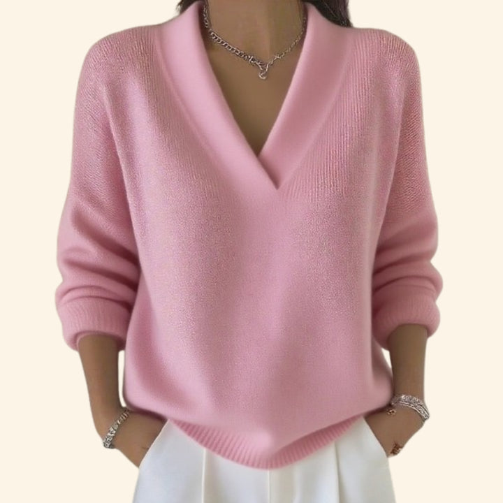 Demetria | Women's Knit Cozy V-Neck Relaxed Fit Sweater — Pink