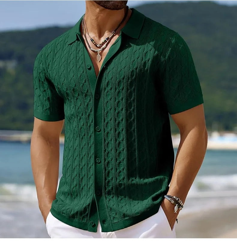  Male model in a short-sleeve collared shirt with textured detailing  