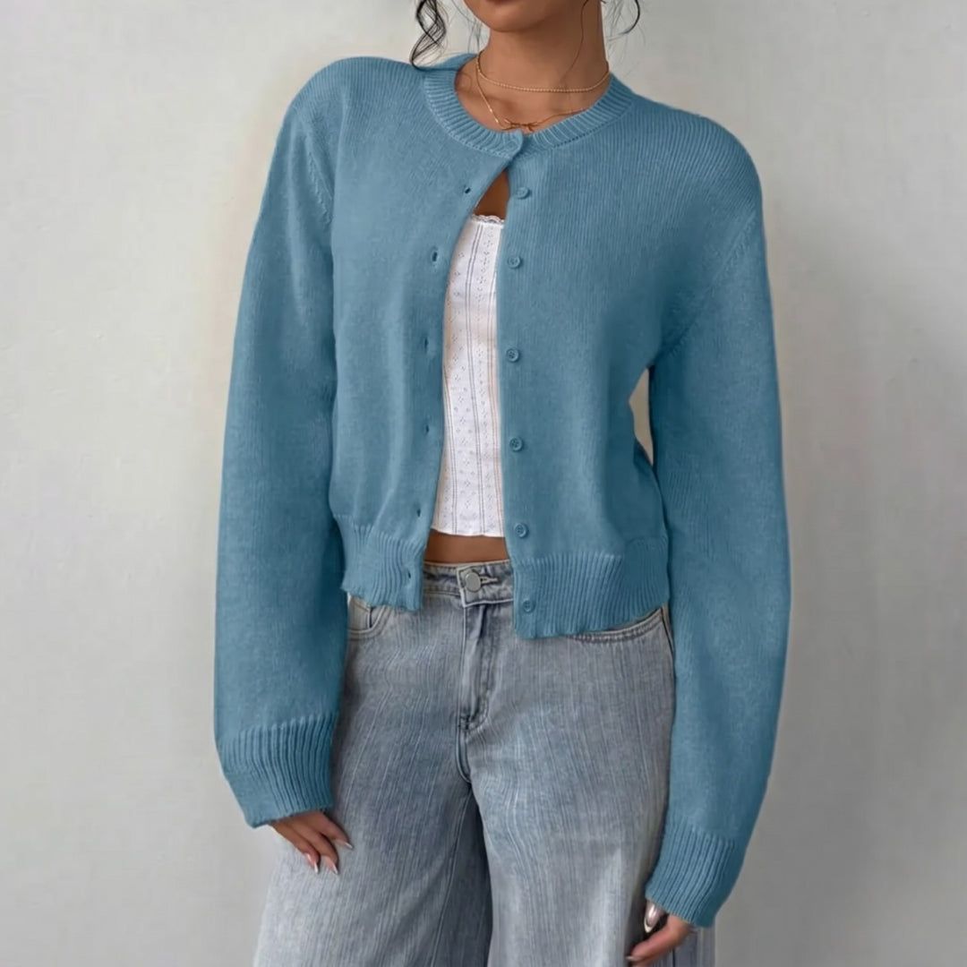 Diana | Women's Knit Cozy Cropped Button-Front Cardigan Sweaters — Light Blue