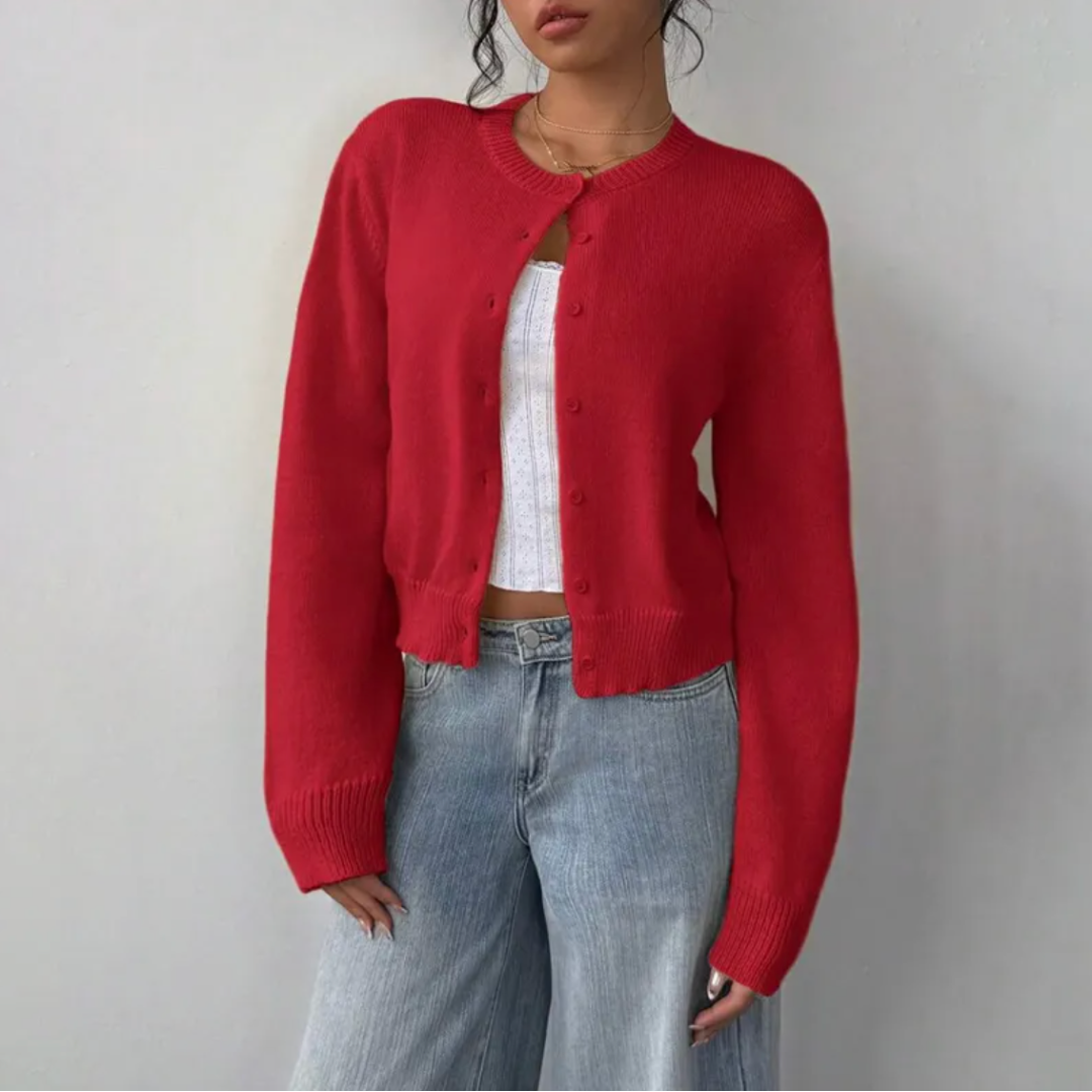 Diana | Women's Knit Cozy Cropped Button-Front Cardigan Sweaters — Red