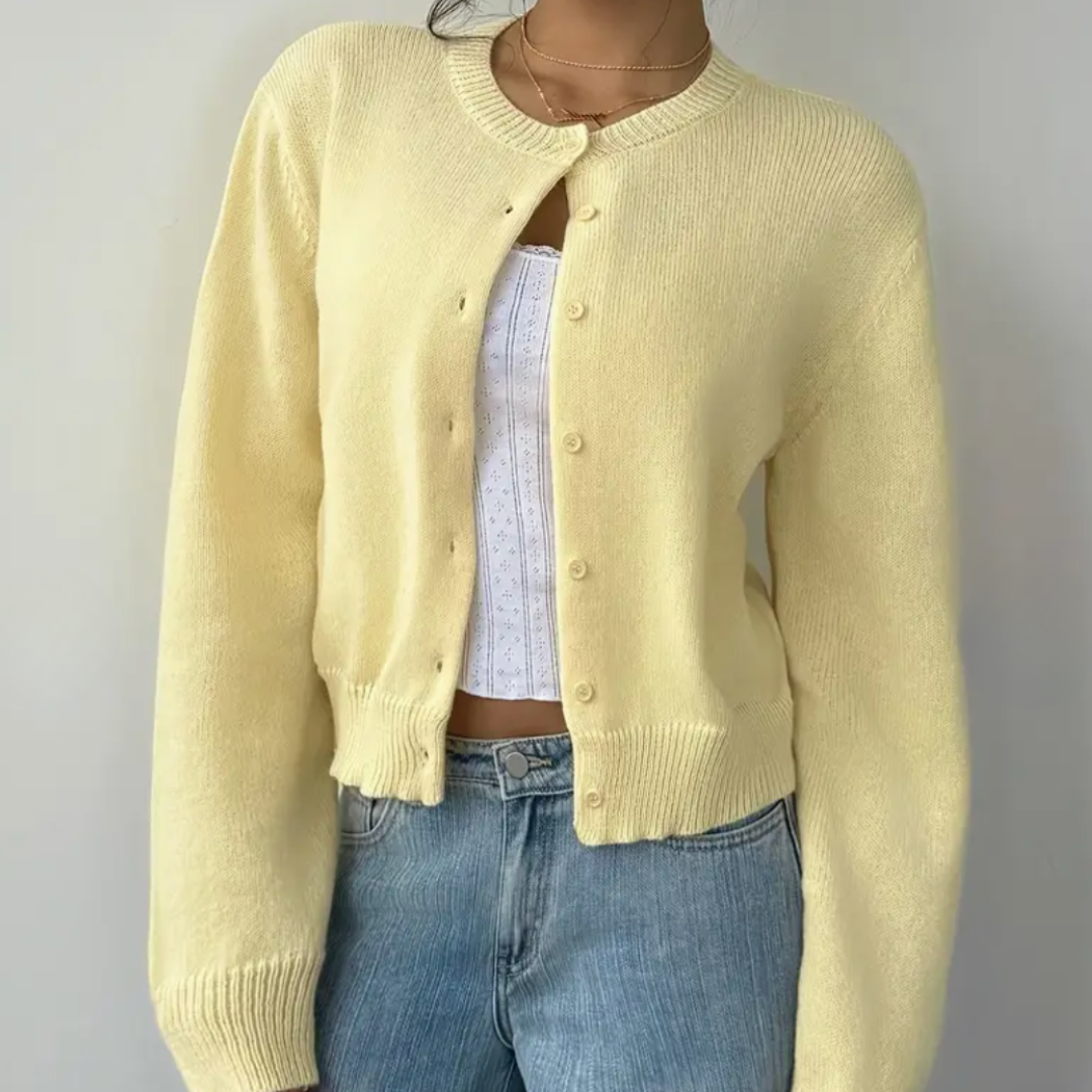 Diana | Women's Knit Cozy Cropped Button-Front Cardigan Sweaters — Yellow