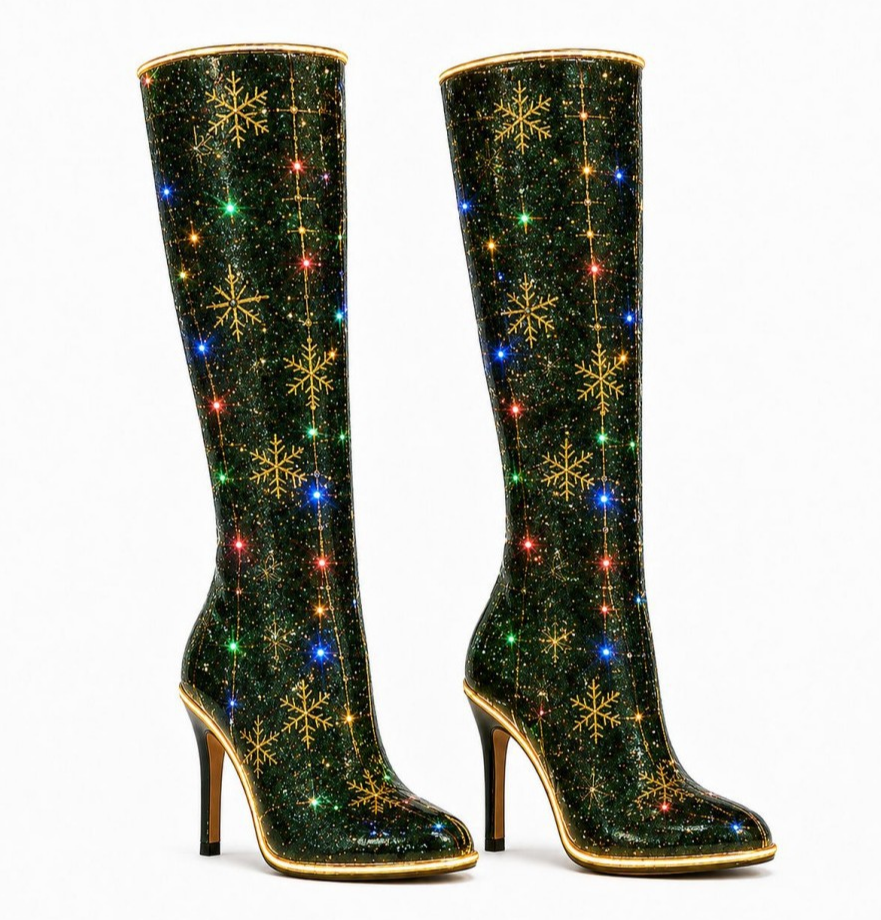 Doranique | Women's Snowflake Print Knee-High Heeled Boots — 1