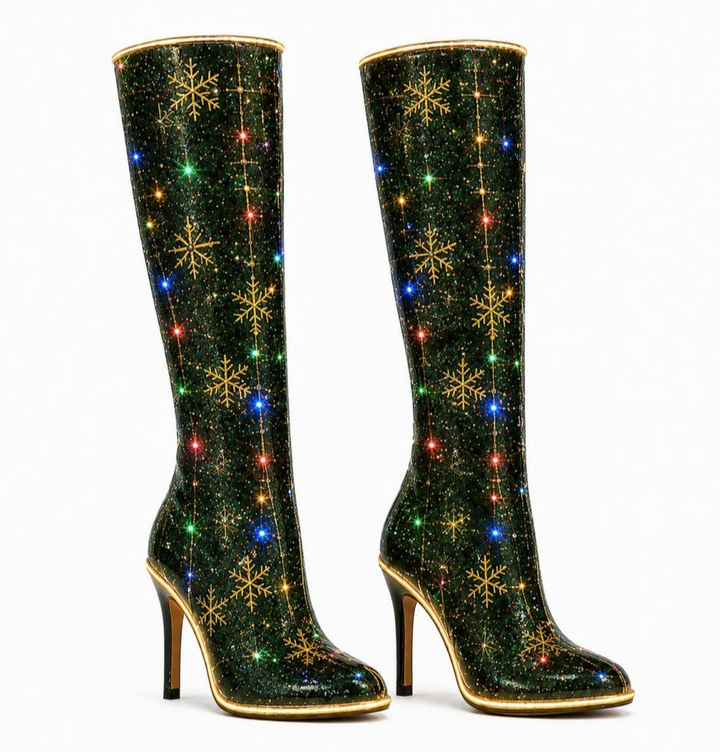 Doranique | Women's Snowflake Print Knee-High Heeled Boots — 1