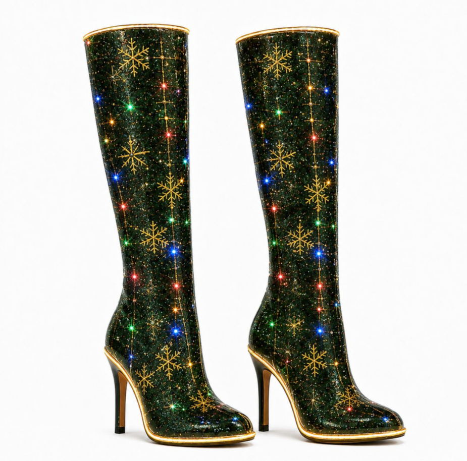Doranique | Women's Snowflake Print Knee-High Heeled Boots — 2