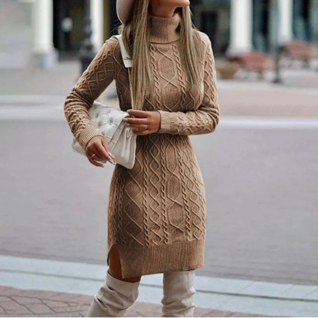 Doranissa | Women's Elegant High Neck Dress in Cable Knit — M