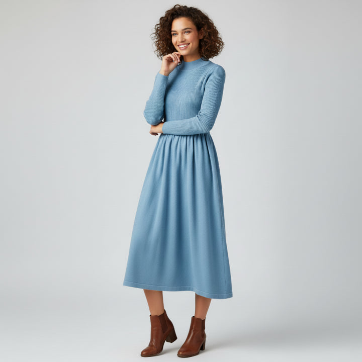 Doranura | Women's Elegant Mock Neck Sweater Dress - Midi Ribbed Knit Long Sleeve — Blue