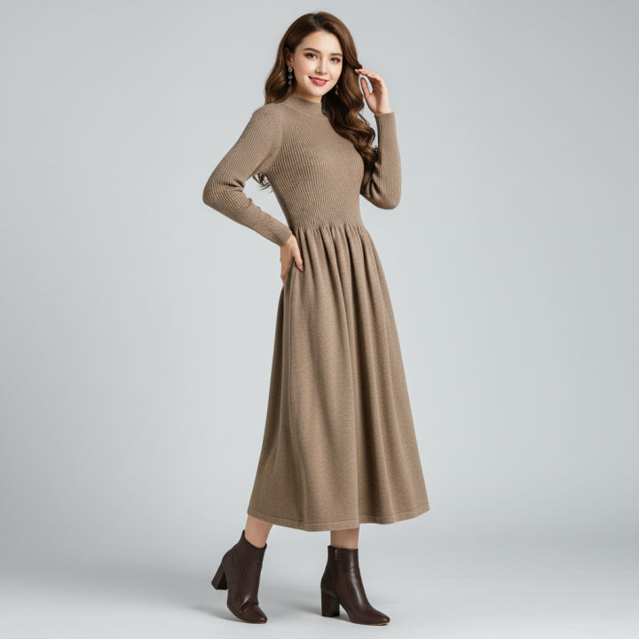 Doranura | Women's Elegant Mock Neck Sweater Dress - Midi Ribbed Knit Long Sleeve — Khaki