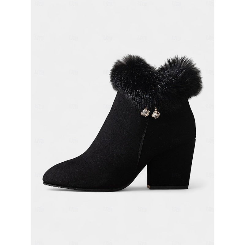 Doriara | Women's Warm And Stylish Faux Fur Trimmed Block Heel Ankle Boots — Black