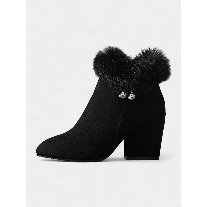 Doriara | Women's Warm And Stylish Faux Fur Trimmed Block Heel Ankle Boots — Black
