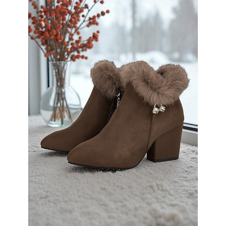 Doriara | Women's Warm And Stylish Faux Fur Trimmed Block Heel Ankle Boots — 1