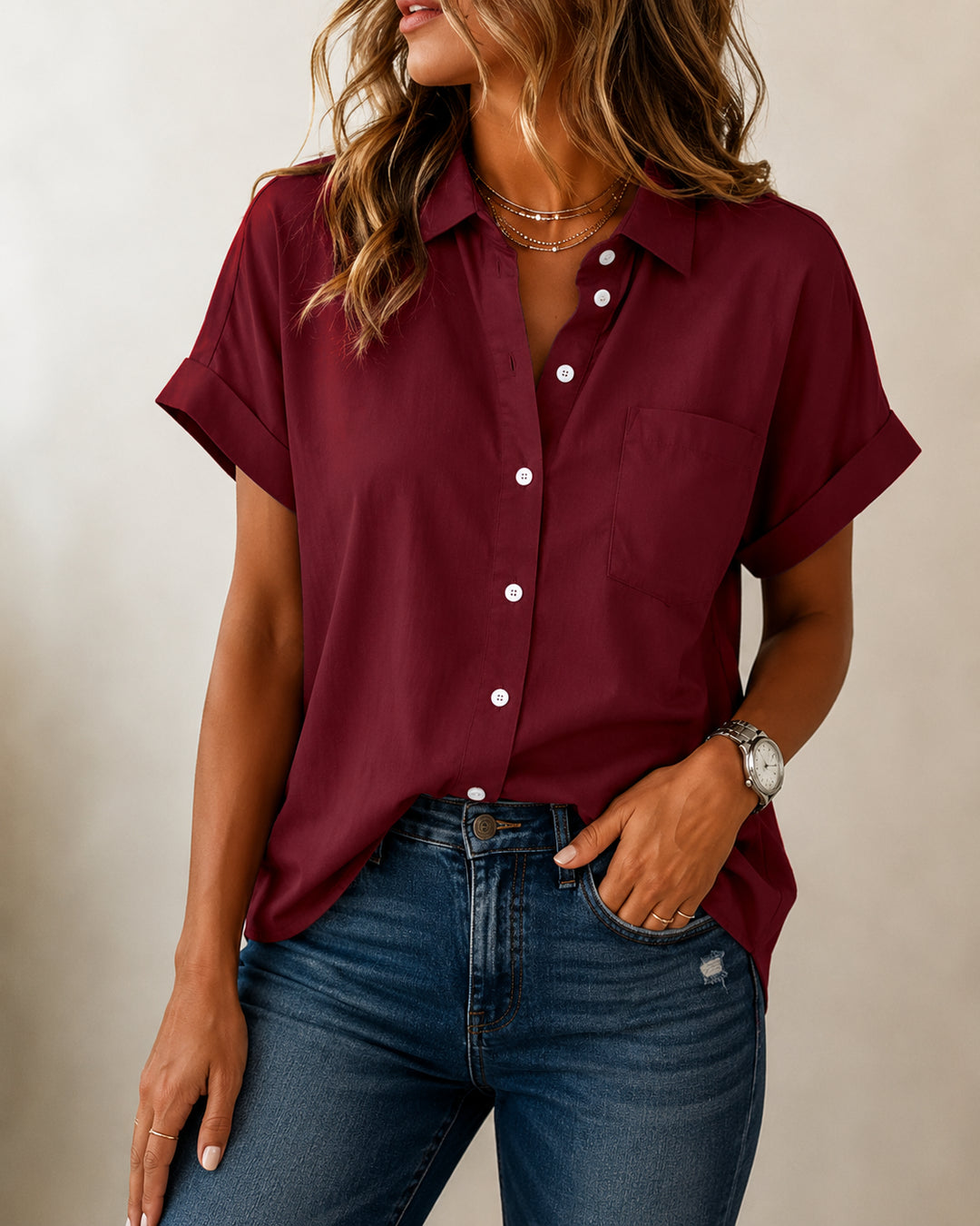 Dorienesse | Women's Casual Relaxed Button Front Blouse — Burgundy