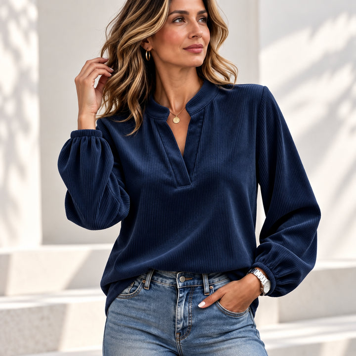 Dorieniel | Women's Relaxed Casual Corduroy Blouse – Long Sleeve Notch Neck — Dark Blue