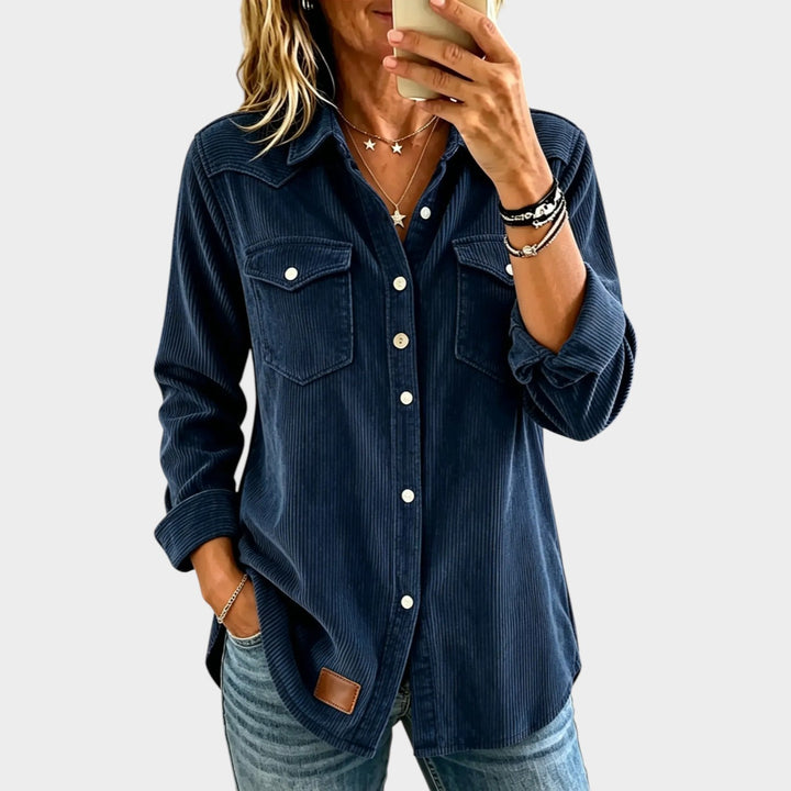 Dorienine | Women's Button-Up Casual Corduroy Shirt Button Front Flap Pockets — 1