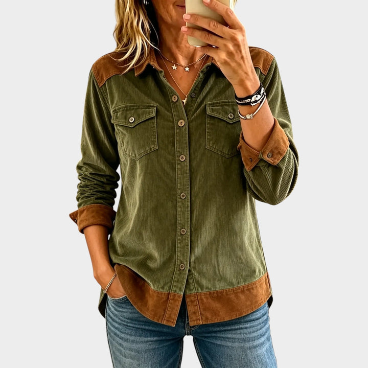 Dorienora | Women's Button-Up Casual Corduroy Shirt Contrast Suede Detail — 1