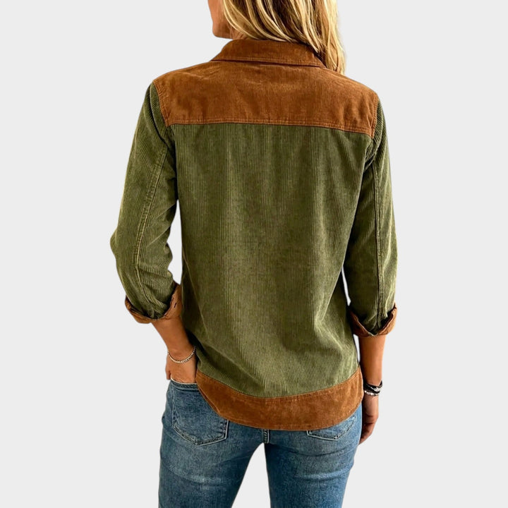 Dorienora | Women's Button-Up Casual Corduroy Shirt Contrast Suede Detail — 2