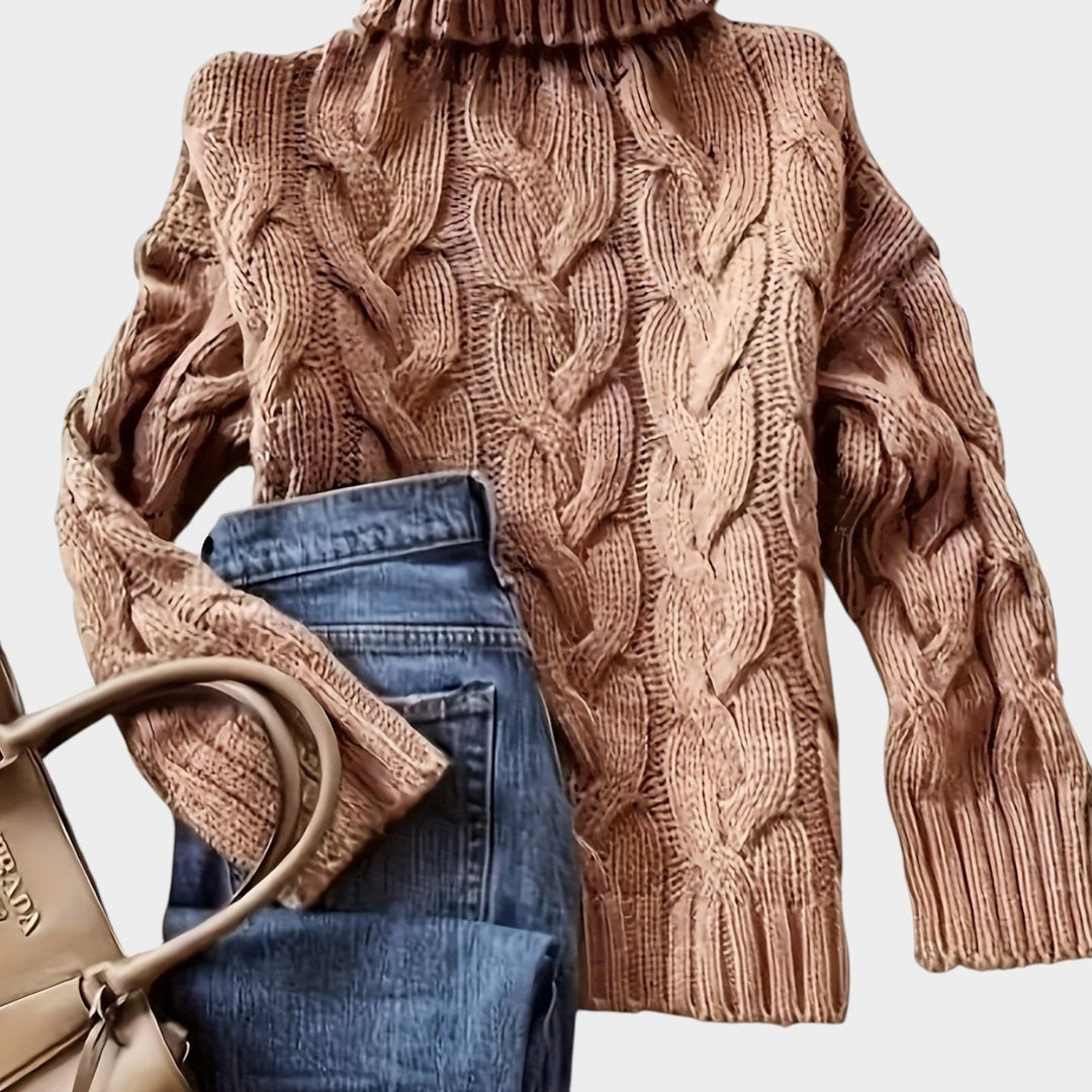Dorilise | Women's Cozy Cable Knit Sweater Turtleneck Chunky Long Sleeve — Camel