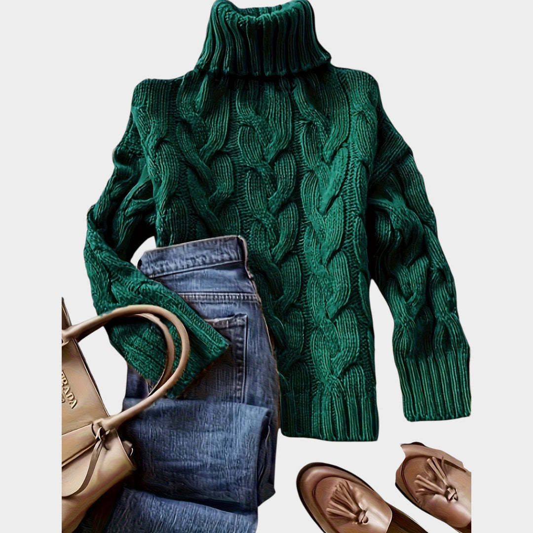 Dorilise | Women's Cozy Cable Knit Sweater Turtleneck Chunky Long Sleeve — Dark Green