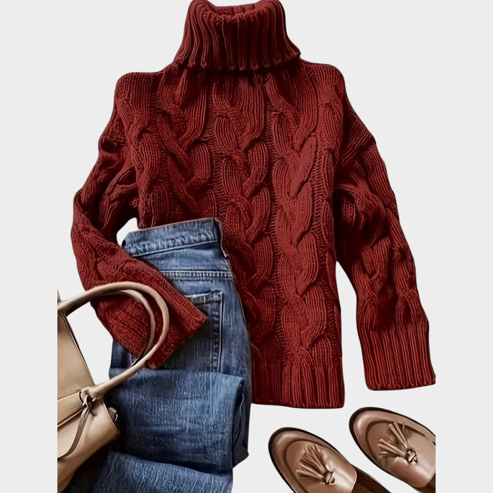 Dorilise | Women's Cozy Cable Knit Sweater Turtleneck Chunky Long Sleeve — Deep Red