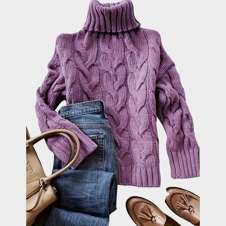 Dorilise | Women's Cozy Cable Knit Sweater Turtleneck Chunky Long Sleeve — Fuchsia