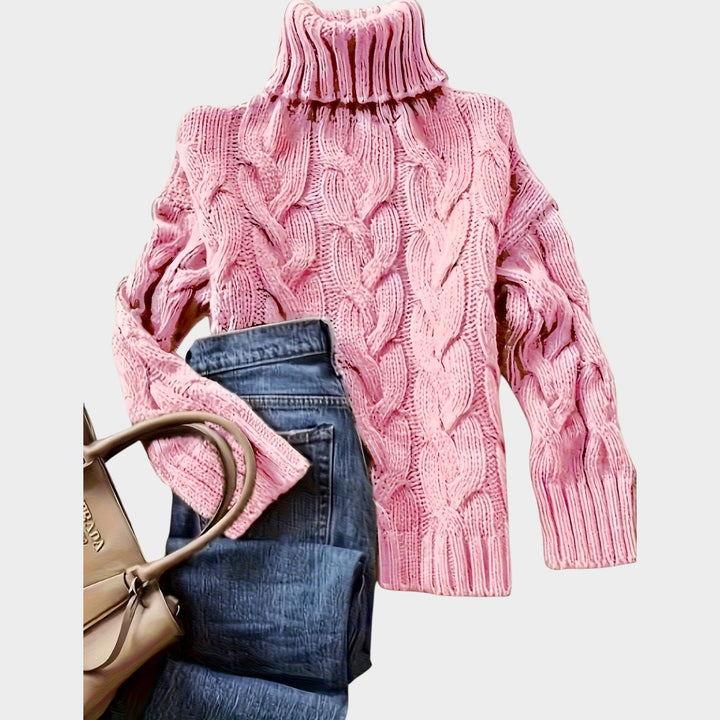 Dorilise | Women's Cozy Cable Knit Sweater Turtleneck Chunky Long Sleeve — Pink