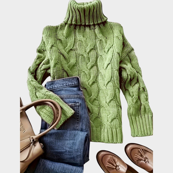 Dorilise | Women's Cozy Cable Knit Sweater Turtleneck Chunky Long Sleeve — Yellow-green