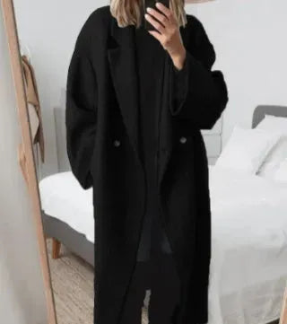 Dorinova | Women's Longline Overcoat – Double-Breasted Wool Coat — Black