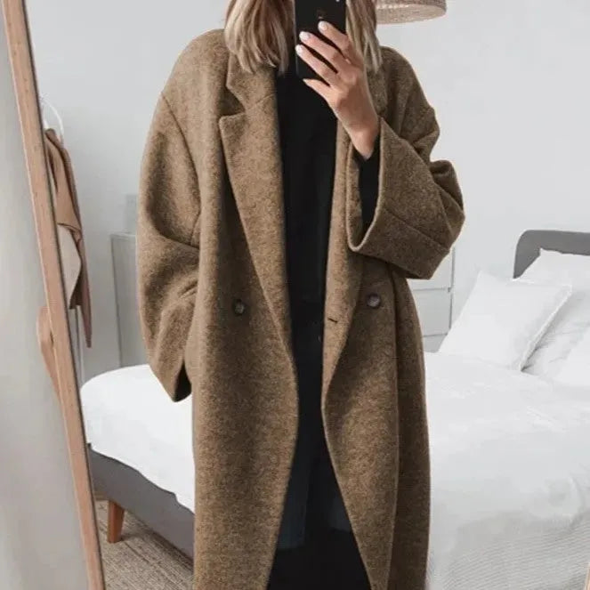 Dorinova | Women's Longline Overcoat – Double-Breasted Wool Coat — Brown