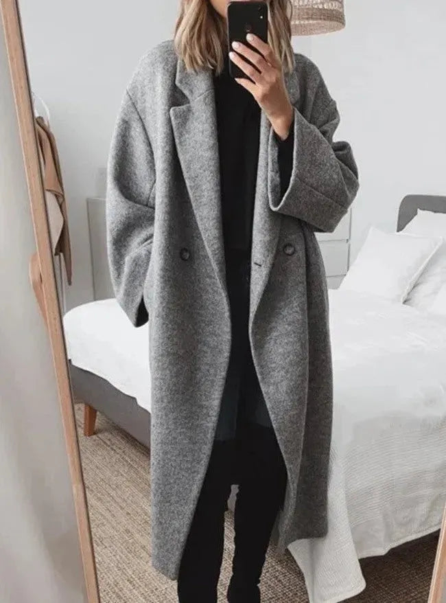 Dorinova | Women's Longline Overcoat – Double-Breasted Wool Coat — Grey