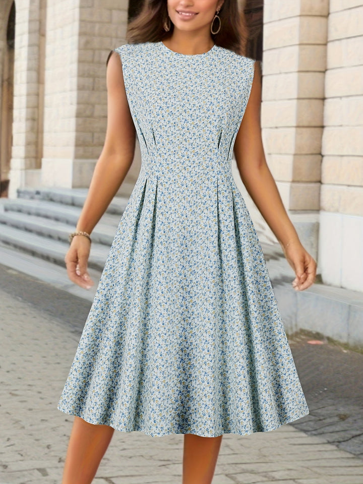  Woman showcasing a flowing floral dress with a midi-length silhouette on a plain background.