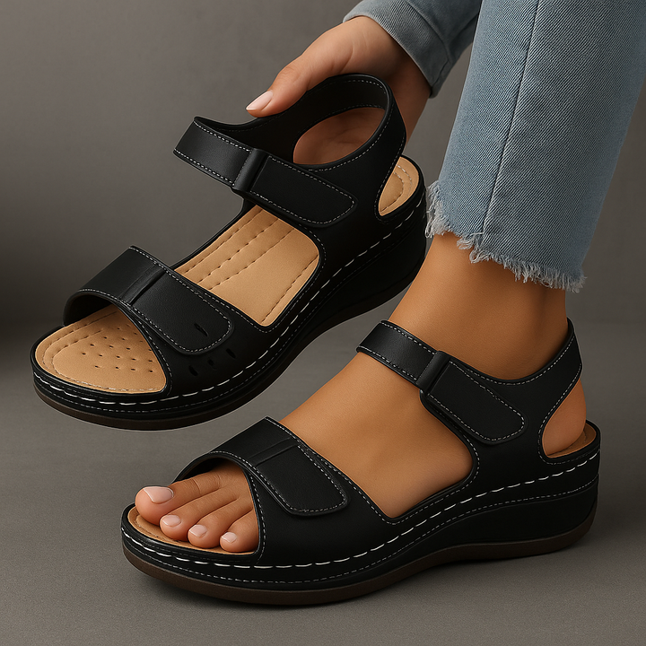 Foot shown in everyday wedge sandal with arch support design.