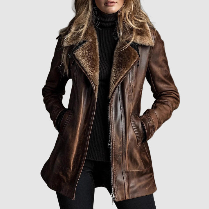 Eirleth | Women's Casual Stretch Leather Jacket with Shearling Fur Collar & Zip Front Top — 1