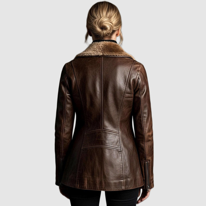 Eirleth | Women's Casual Stretch Leather Jacket with Shearling Fur Collar & Zip Front Top — 2