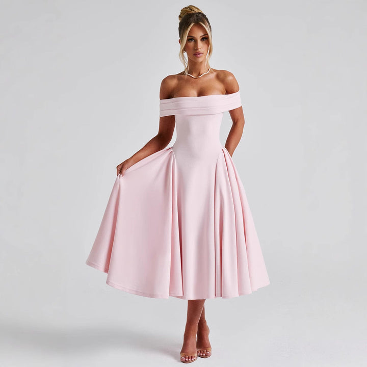 Female wearing a formal off-shoulder A-line midi dress on a clean background.